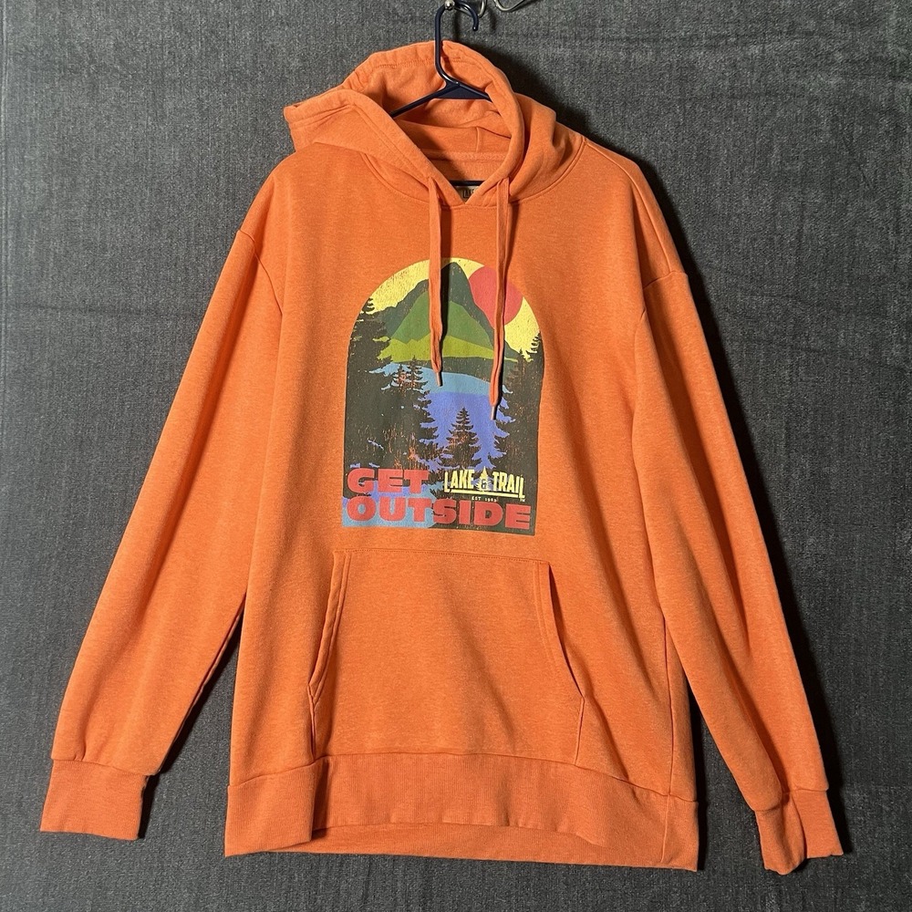 Lake & Trail Men XL Orange Hoodie Graphic Get Outside Fleece Pullover Sweatshirt